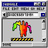 An old navy-and-silver browser window shows the squiggle of hash 0x0e932d73 on a grey page above an under-construction stripe; a cursor glides in right-clicks it and chooses SAVE IMAGE AS..., saves it as SQUIGGLE.GIF, and the save stalls halfway, the window stops responding under an hourglass, then it comes back and finishes until it reads SAVED, then glides away.