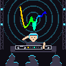 The squiggle of hash 0x5e0583d6 fills the LED wall, rings rippling out from it, behind a DJ in a cap on a controller, in a black booth under cyan lights, playing to a busy floor. The right deck slips and the wall shows the squiggle doubled, two copies flamming past each other, until three nudges of the jog wheel pull them back into one; the crowd crouches, and the drop hits with a strobe, hands up and pyro.