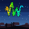 Fireworks over a desert of mesas and saguaros in the blue hour: a rocket goes up and bursts into the squiggle of hash 0xf27d4bd8 in its own colours, a little broken, which hangs, droops, every spark strobing as it dies out until the next one goes up.