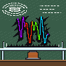 A copper-wound electromagnet slides under a dish of black ferrofluid in front of a chalkboard, and it rises into the tall-spiked squiggle with a sheen in the colours of hash 0xf41c5cc4; the magnet slides away, and the squiggle leans after it and collapses into a blob.