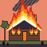 A log cabin burns at dusk in summer, flames roaring off its roof while the neighbours watch. From the air, a crew of 6 hold a hose from their red engine across the yard, and the hose is the squiggle of hash 0xbcae4819: it lies flat and grey until the water runs along it in its draw order and it swells into its own colours, then the nozzle opens and the fire goes out. Back on the street the smoke pours off the charred roof and spreads across the sky.