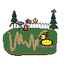 The squiggle of hash 0x9323e4ee is laid out as a fuse in a clearing in a pine forest, a kid in goggles and a dog filming it with a camcorder from behind the fence, and a spark races along it to a rubber duck that sputters and fizzles out; they pop up shouting "GM!" and nothing happens at all — a dud, and the bubble says "RUG?"