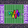 Game night on a starry night. From the air, the squiggle of hash 0xdb2a834c is the logo at midfield in its own colours, between CHROMIE and SQUIGGLE in the purple endzones, both teams lined up in the red zone. The camera tilts up to the jumbotron: the mascot fires a T-shirt printed with the squiggle into the stand, and the big screen shows the fan who caught it holding it up. A beach ball bounces along over the heads of the stand. Then it tilts back down to the field as the huddle breaks and the players walk back to the line.
