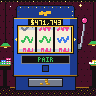 A blue slot machine in a casino spins reels of squiggles for hash 0x1b78996f and lands a pair, dropping a few coins into its tray; its screen reads PAIR, and the jackpot meter over the reels creeps up.