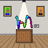 The squiggle of hash 0xa62725ed stands as a sculpture under a spotlight on a wood pedestal in a white gallery hung with portraits; a visitor walks in carrying a phone, raises it and takes the sculpture's picture in a burst of flash, and walks on.