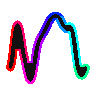 A squiggle drawn from hash 0x6bbe2696 is drawn as a hollow neon tube, dark inside while the hue wheel runs around its glowing edge.