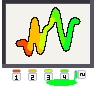 Paint by numbers: the squiggle of hash 0x8bc1bcf4 printed as a paint-by-numbers kit on a white canvas board, its body cut into numbered regions, one a stretch of each of its colours, with five numbered pots of its own hues below. A painter's gloved hand dips a brush in pot 1 and paints every 1, then every 2, on to 5, until the board is the finished squiggle in its own base and goes; on the way out its sleeve knocks pot 5 over and the paint runs out across the kit; a black frame drops over it, and a fresh kit slides in.