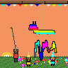 At a party at sunset, the squiggle lies on the lawn among lollipops under a donkey piñata, frilled in the colours of hash 0x3fe42c2d, torn open on its rope; then a fresh one swings from a wooden beam hung with bunting, two friends circle it cheering, and a blindfolded kid with a bat misses twice, then connects, and it bursts: the squiggle tumbles out with lollipops and bounces on the grass.