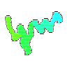 A squiggle drawn from hash 0x7c19799b is seen as if in water, striped and rippling while the hue wheel turns through it.